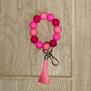 Pink Beaded Keychain Bracelet with Tassel